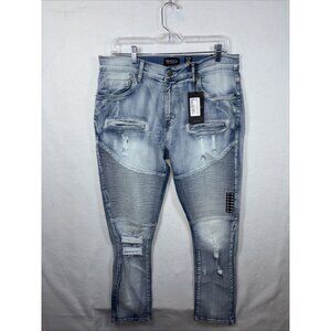 Street Jeans Mens Size 34X32 Distressed Skinny Fit Moto Stretch Blue Jeans New